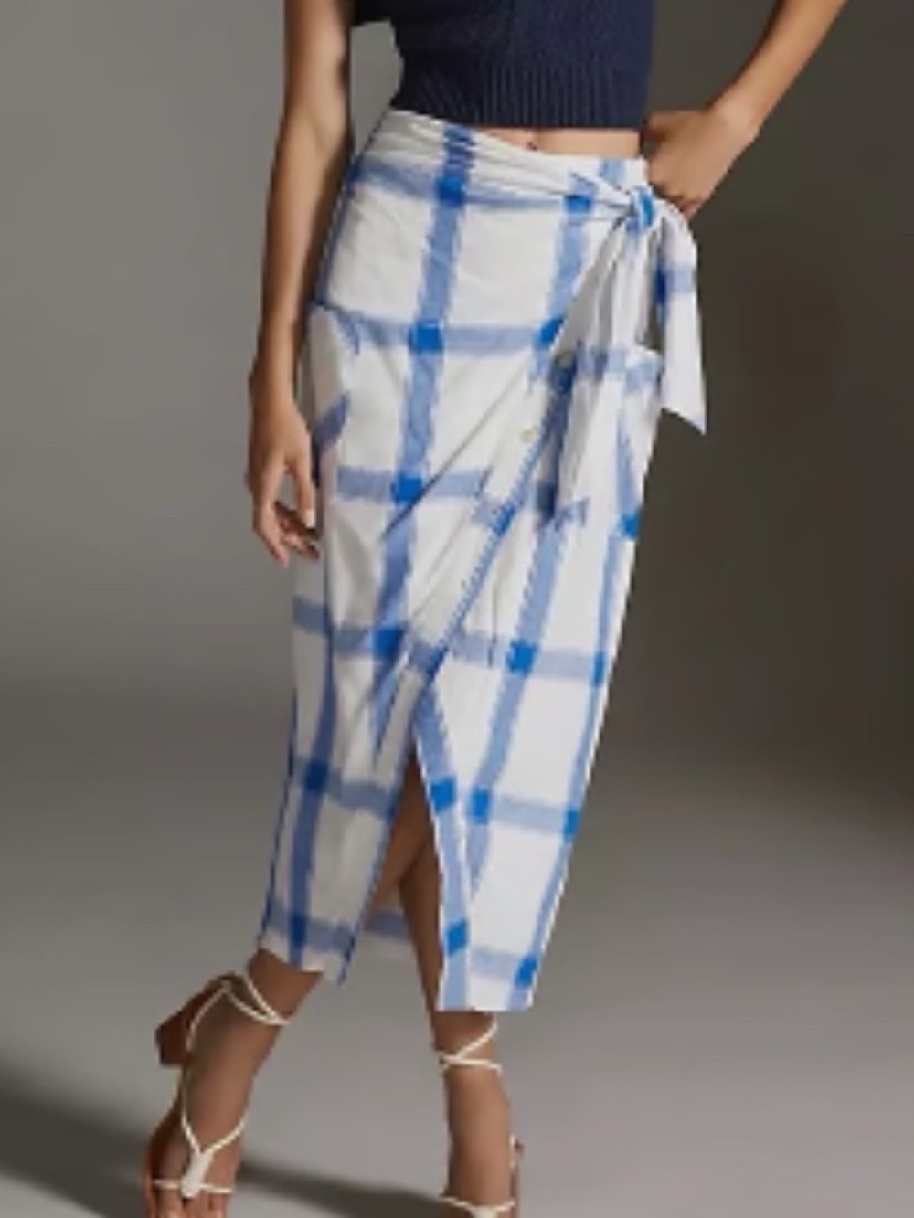 Maeve Blue and White Plaid Wrap Midi Skirt